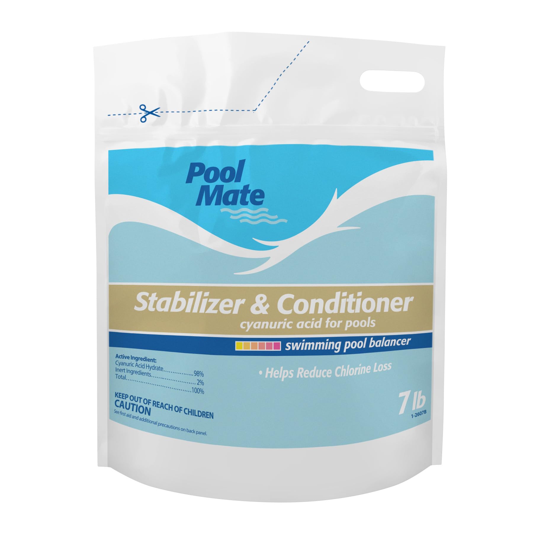 Pool Mate front packaging showing 7-pound stabilizer, fast protection benefit