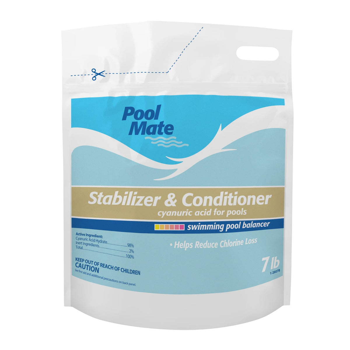 Pool Mate front packaging showing 7-pound stabilizer, fast protection benefit
