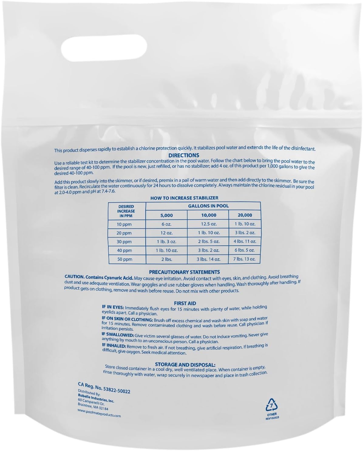 Pool Mate granule texture close-up, clear cyanuric conditioner visual benefit