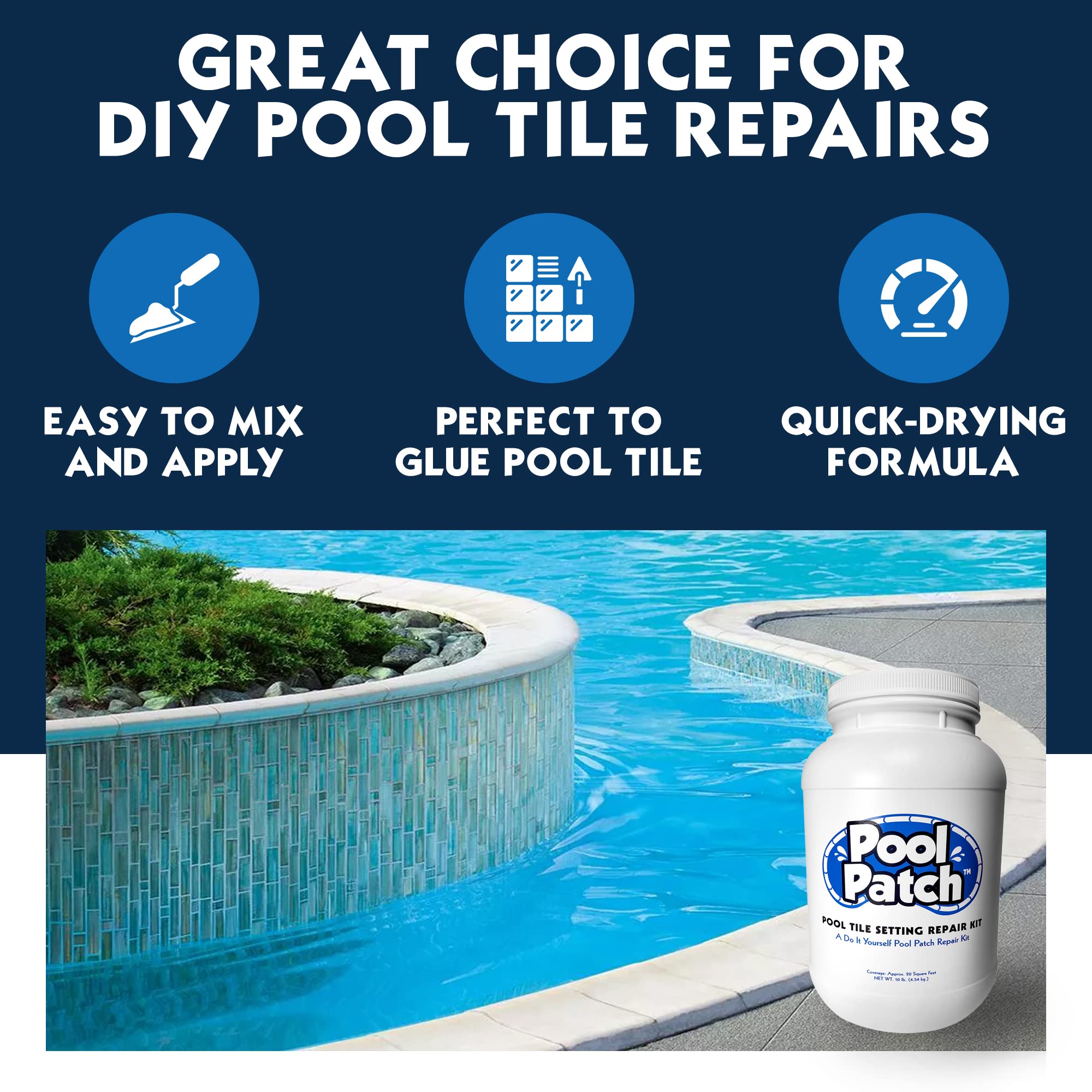 Pool Patch being applied to a pool waterline showing fast-setting advantage