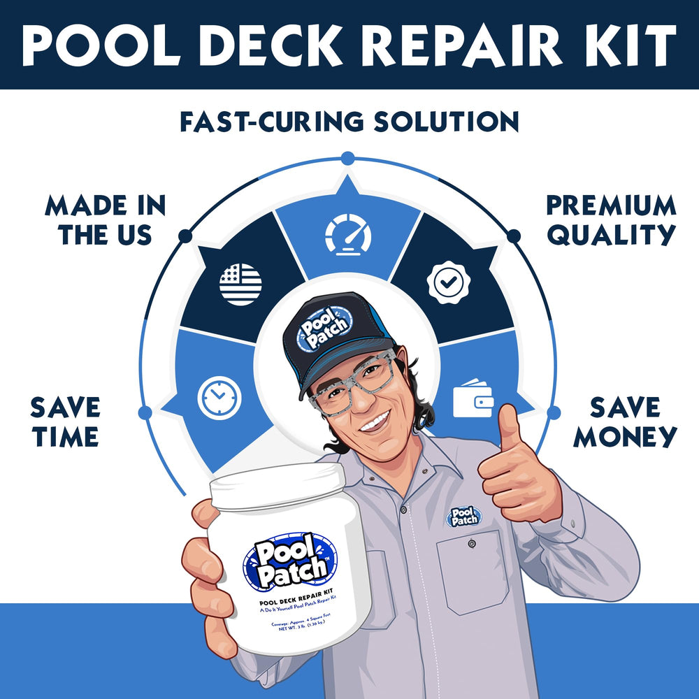 Pool Patch 3 lb kit beside tape measure shows compact size and coverage