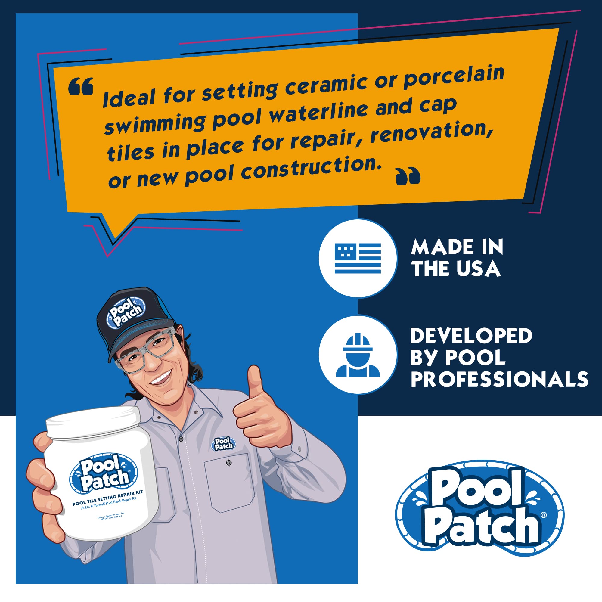 Pool Patch next to a tape measure demonstrating 10 lb coverage benefit