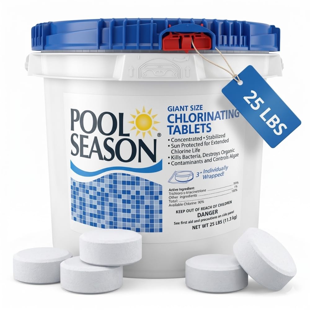 Pool Season bucket front packaging showing brand and 25 lb labeling for clear identification and storage benefits