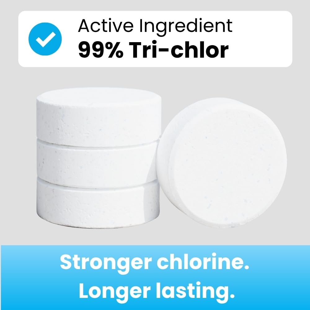 Individually wrapped Pool Season chlorine tablets in a hand demonstrating dust-free, mess-reducing handling advantage