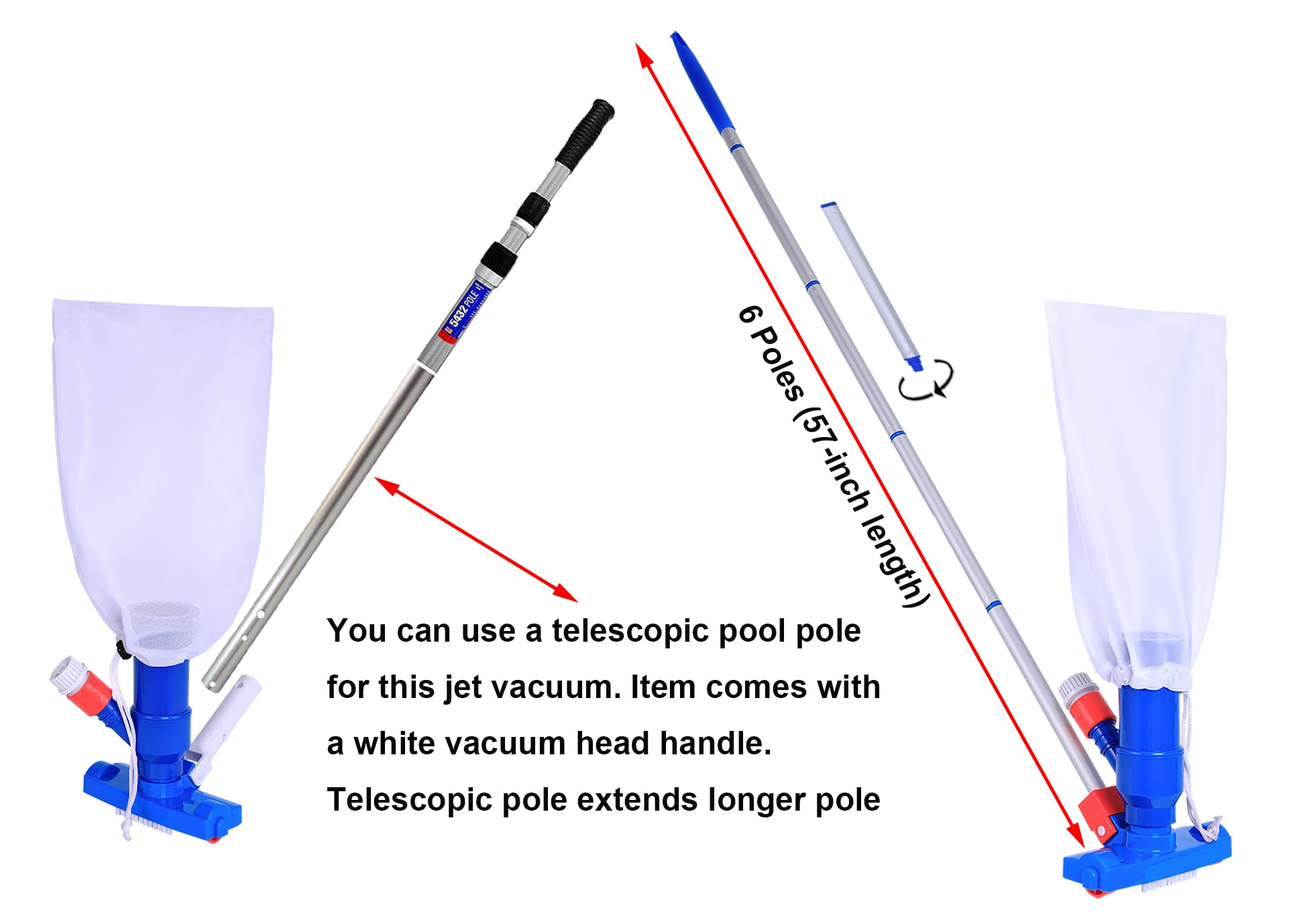 Pool Supply Town size comparison showing vacuum and poles next to a standard garden hose