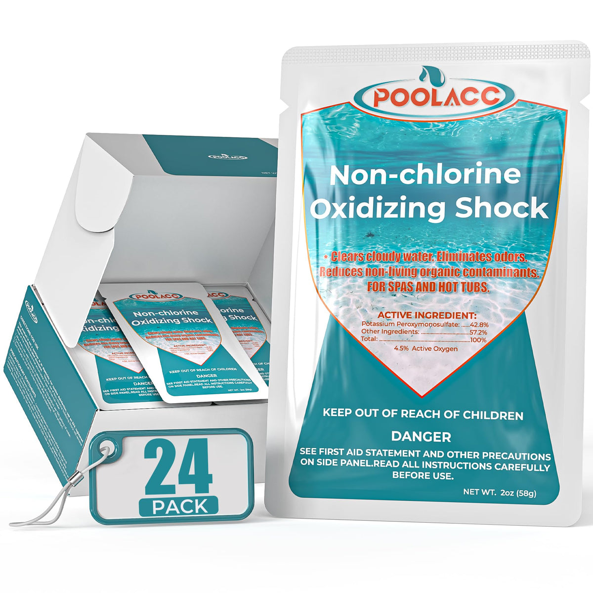 POOLACC front packaging showing 24 packets and product benefit clarity