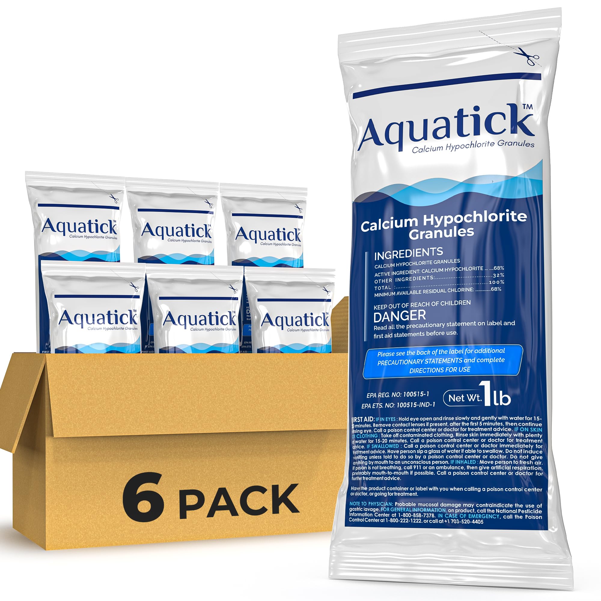 POOLACC front packaging showing six 1-lb shock bags and clear labeling benefits