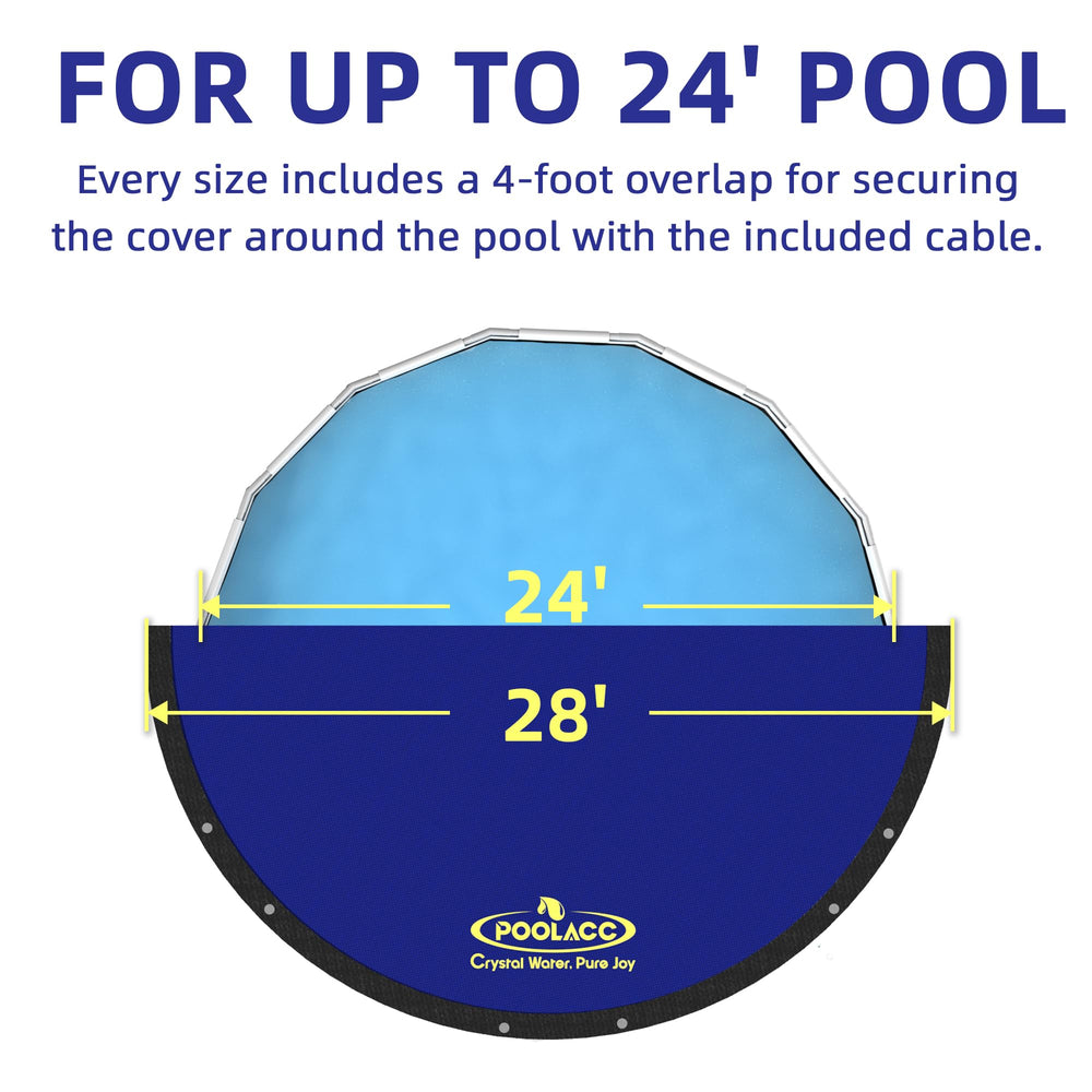 POOLACC cover installed on 24 ft above-ground pool protecting from leaves and snow