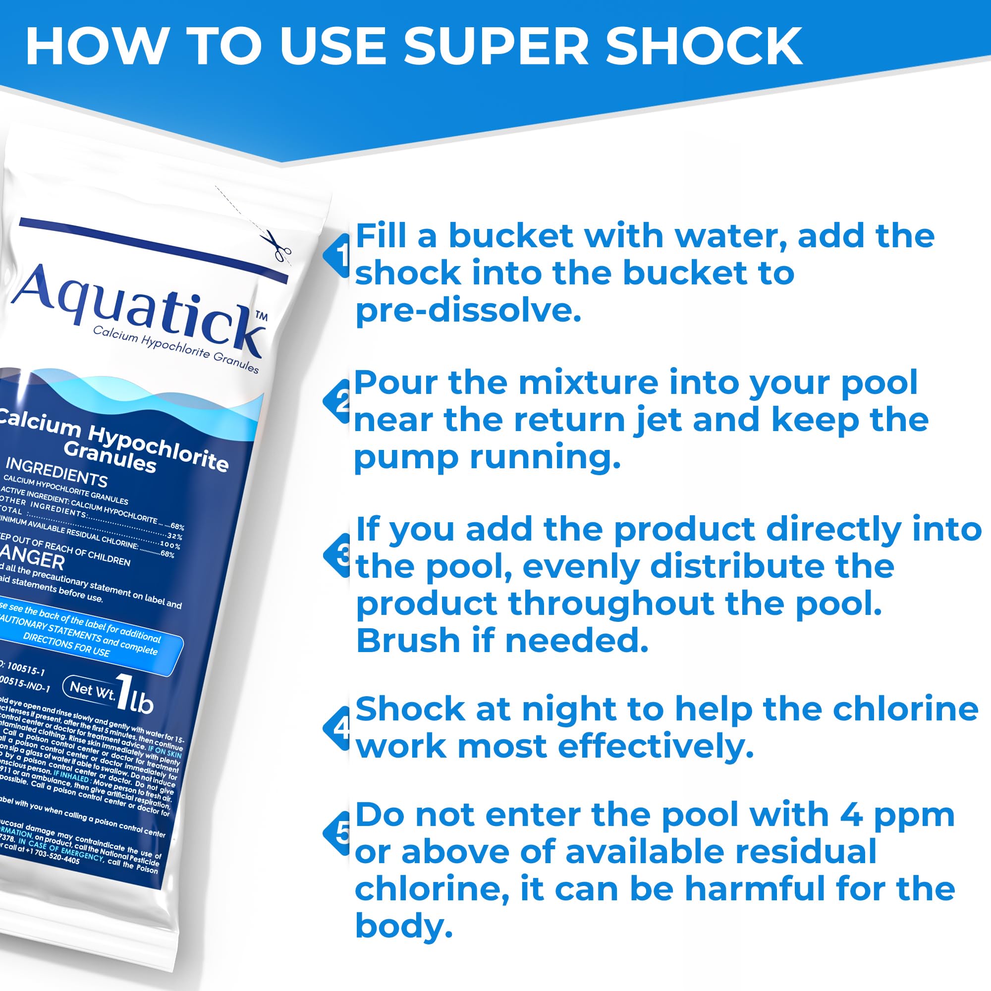 POOLACC applicator pouring dissolved shock around pool perimeter for fast clarity