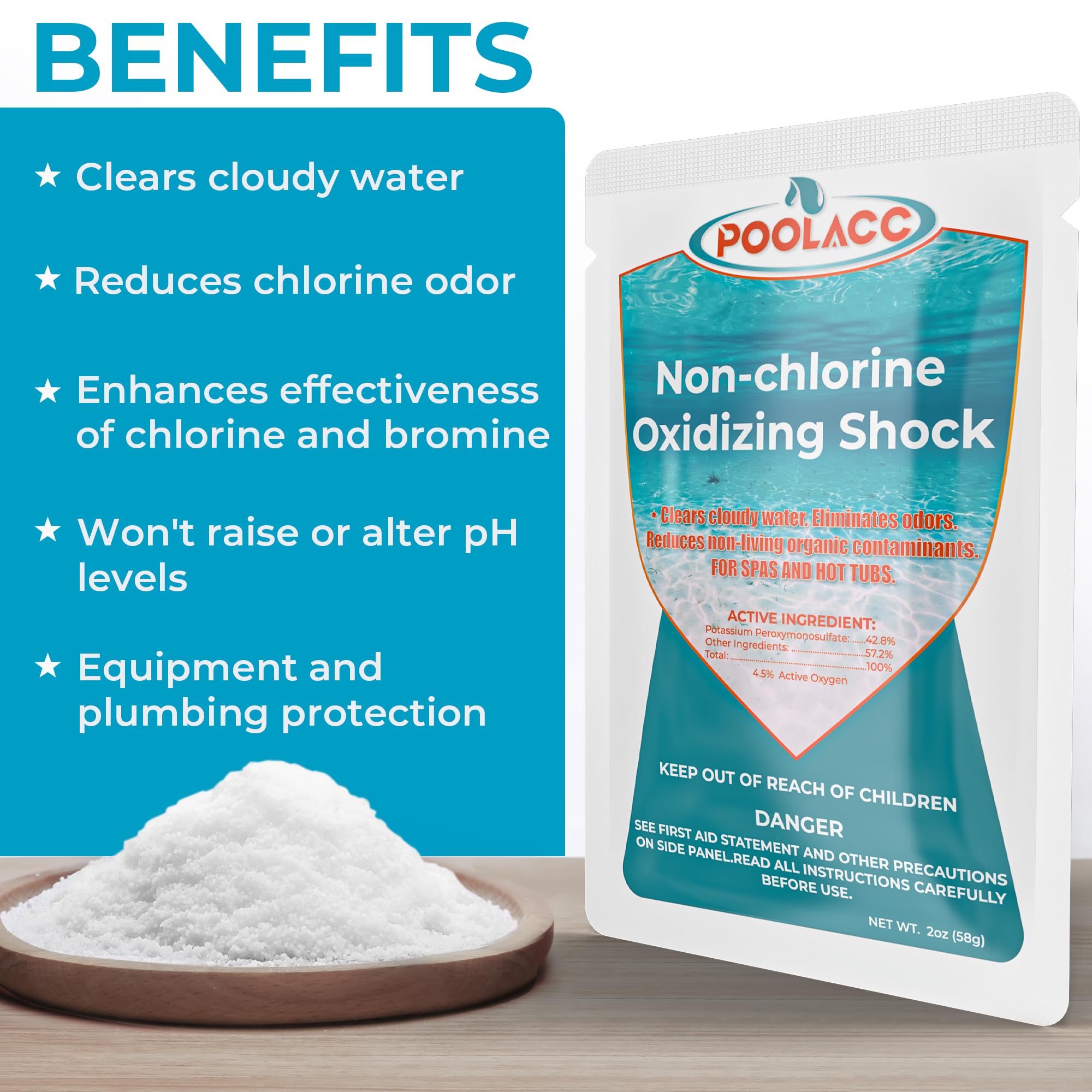 POOLACC single-dose packet open above water for easy no-mess dosing