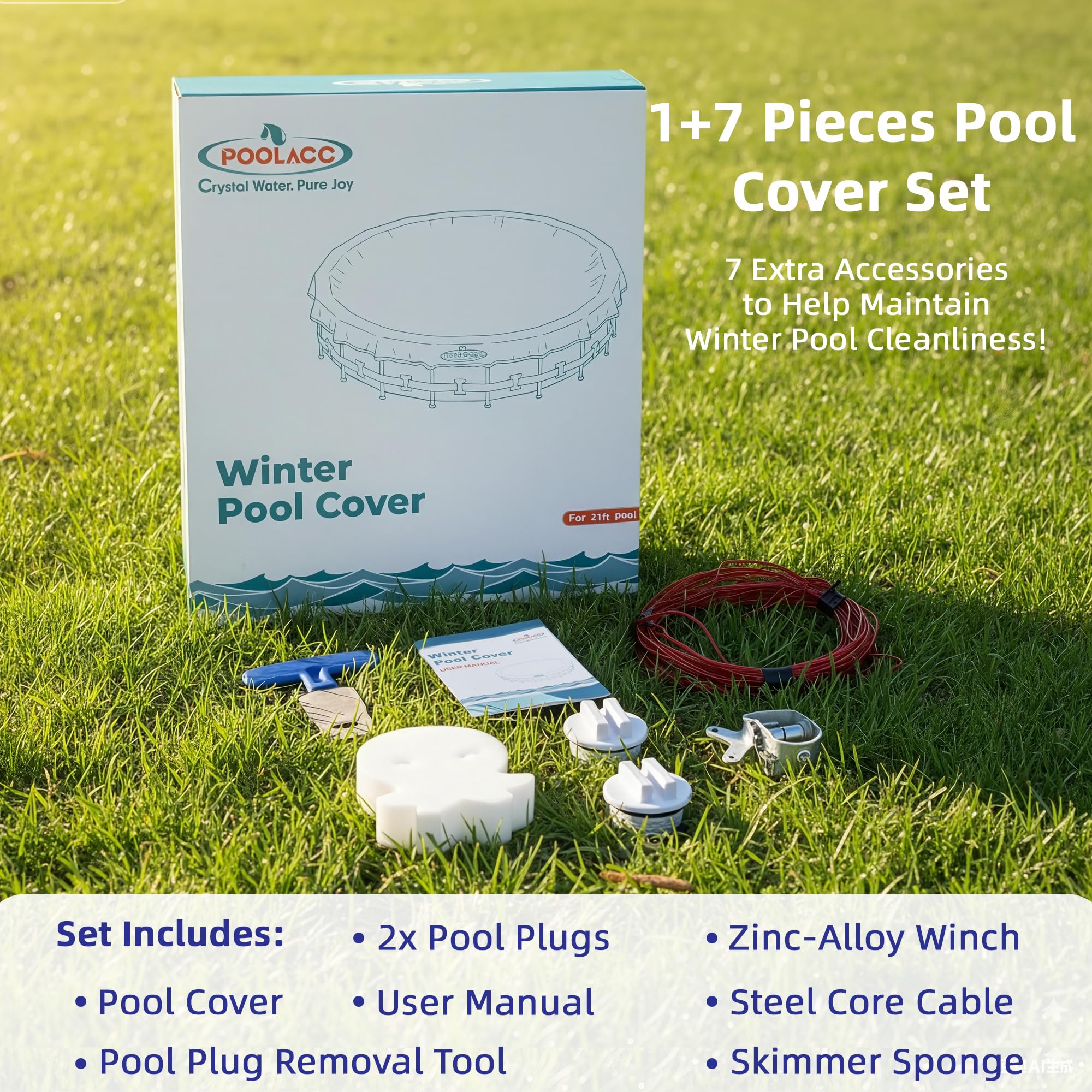 POOLACC cover beside measuring tape illustrating accurate 24 ft sizing confidence