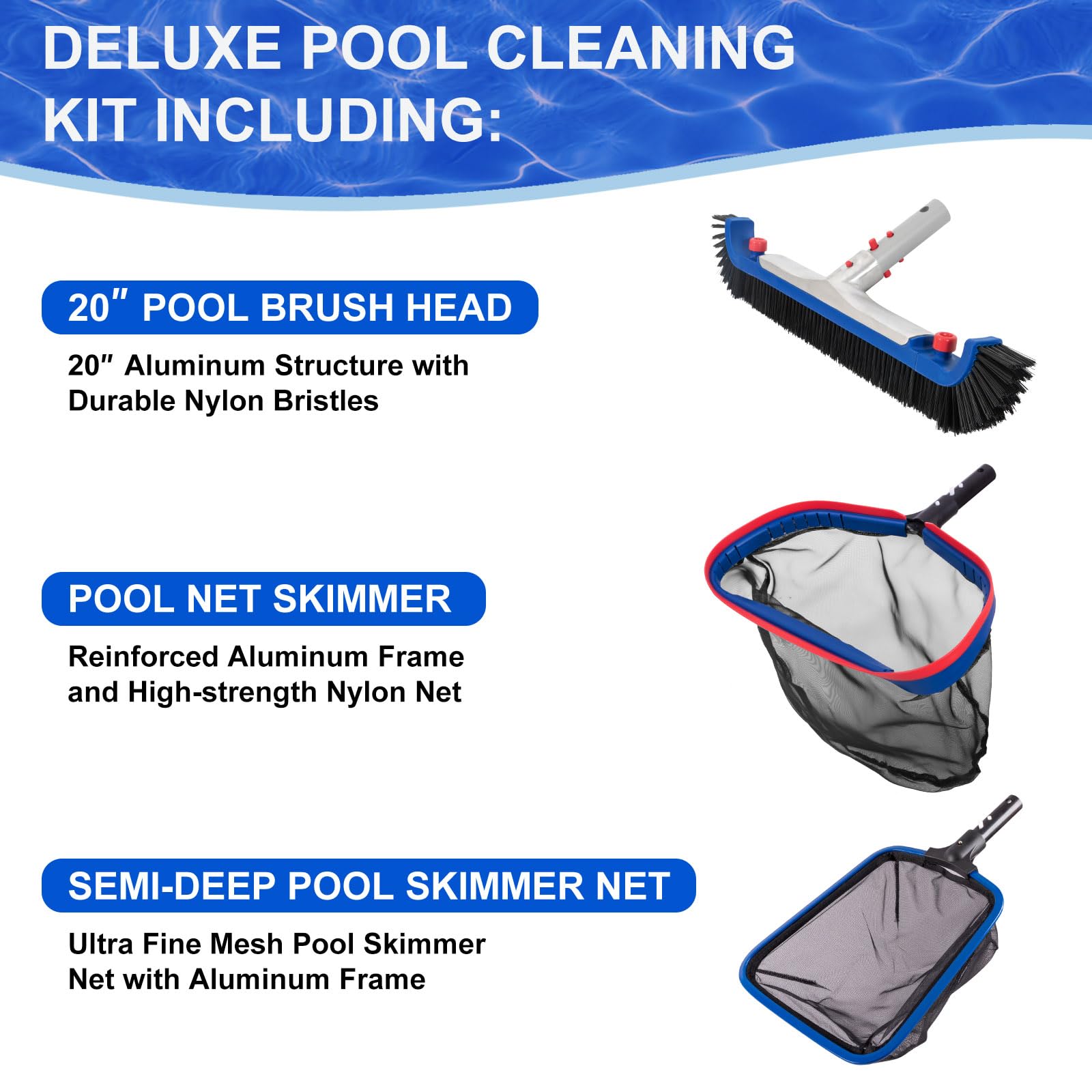 POOLAZA deep net skimmer with aluminum frame catching leaves
