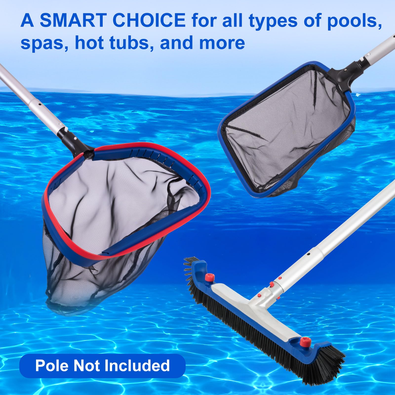 POOLAZA tools beside pool pole showing scale and compatibility