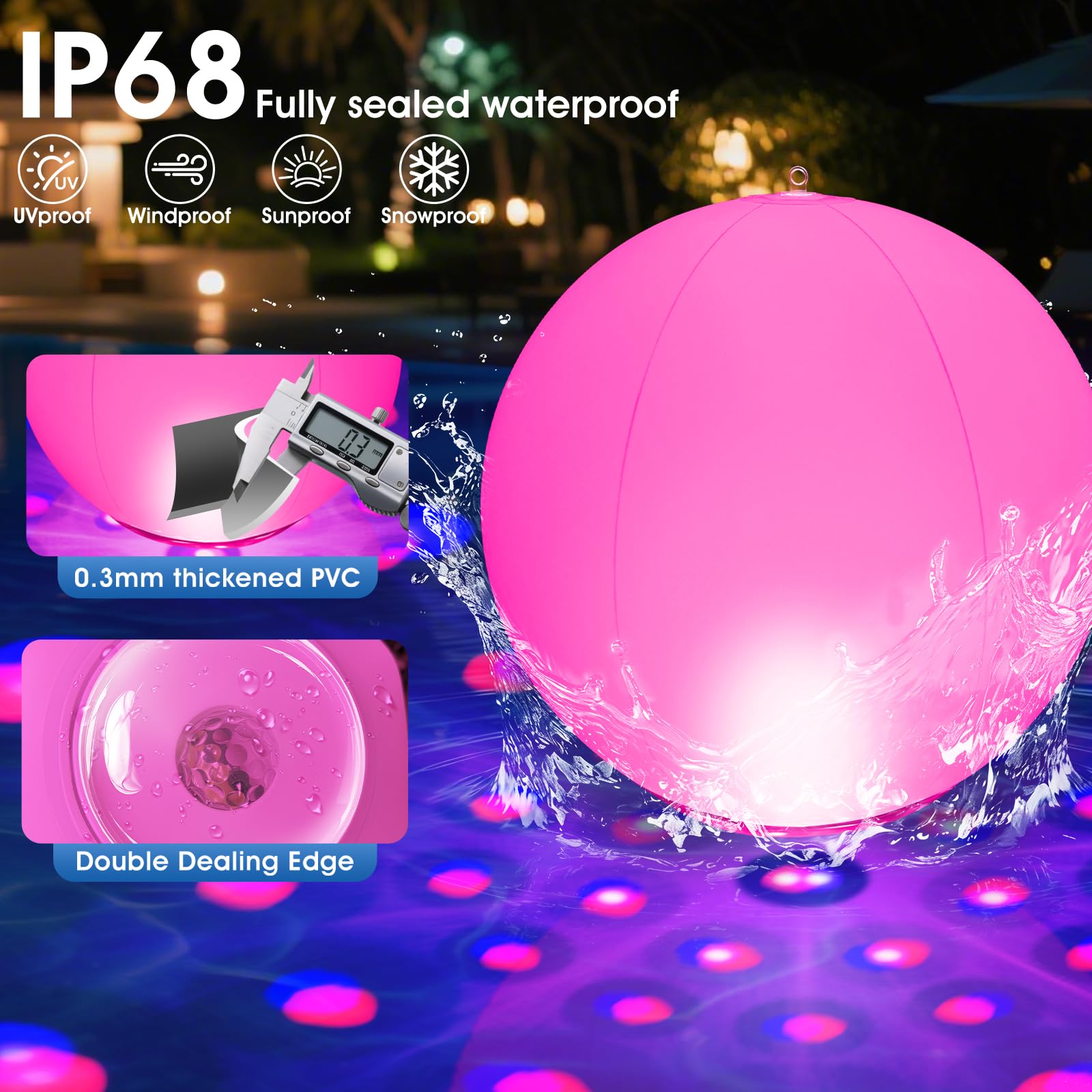 PoolBliss floating in pool at night casting star-like dots and enhanced atmosphere
