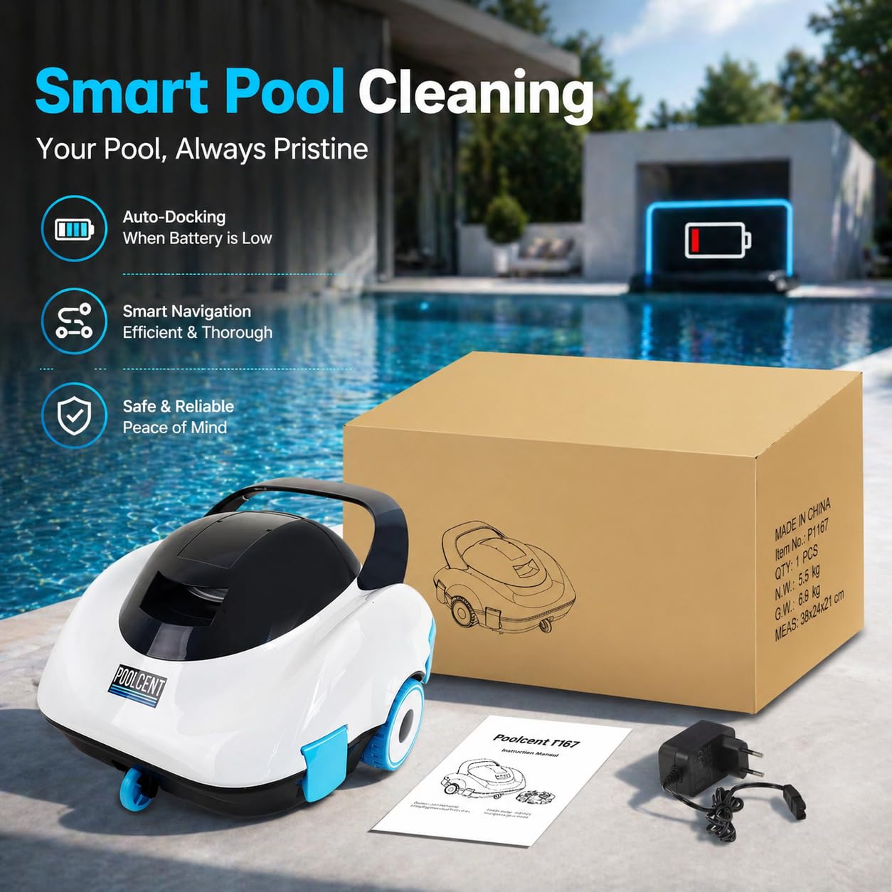PoolCent docked at pool wall, showing smart self-parking convenience benefit