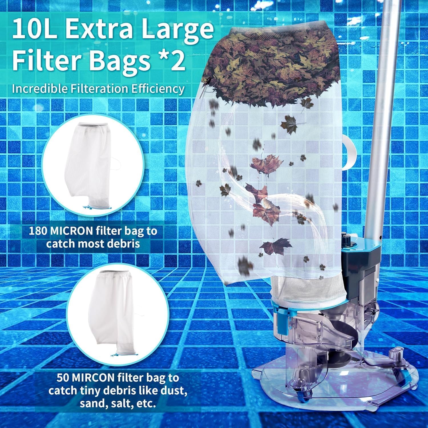 PoolCent dual filter bags detail showing removable easy-clean benefit