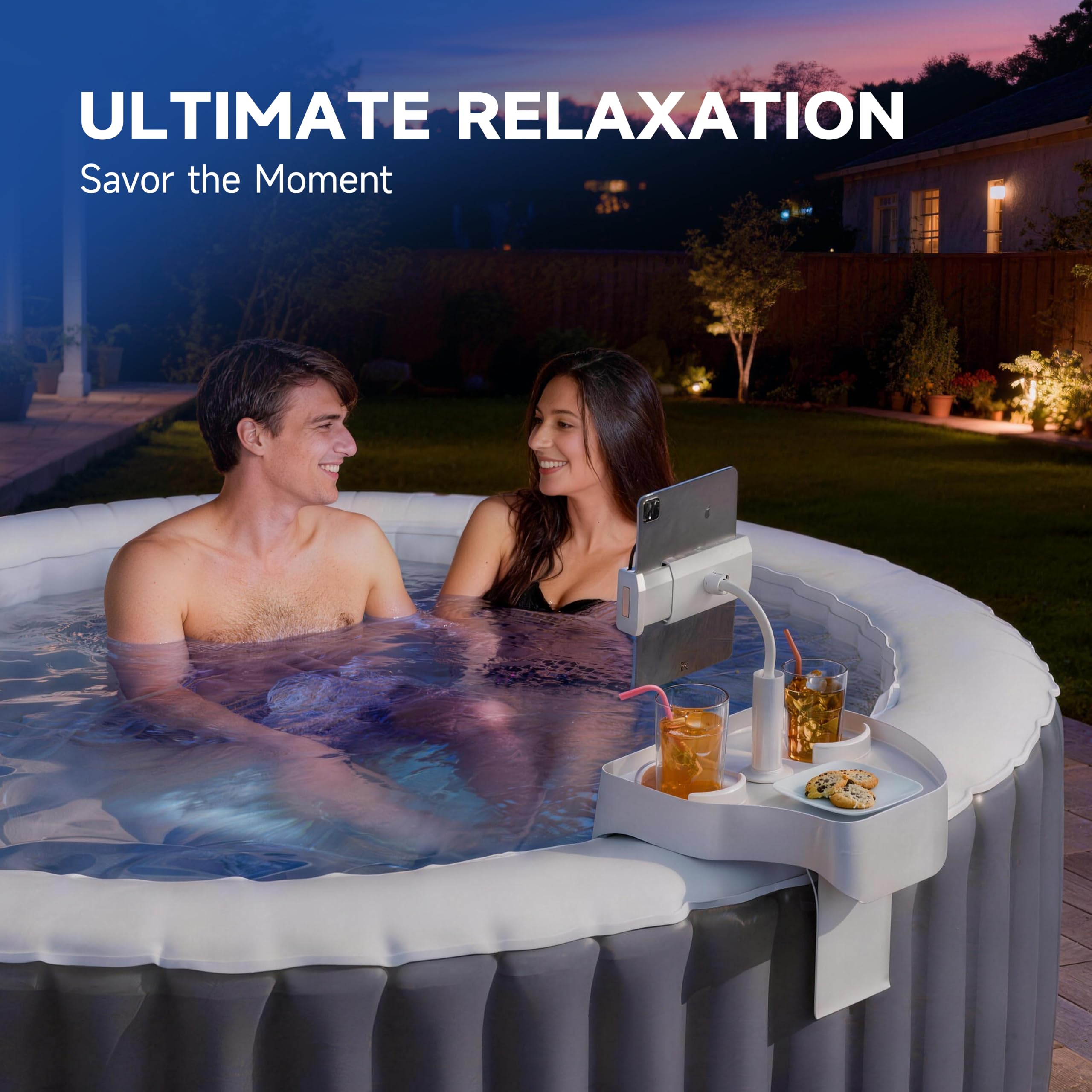 POOLCOMFT close-up of detachable phone holder showing adjustable viewing benefit