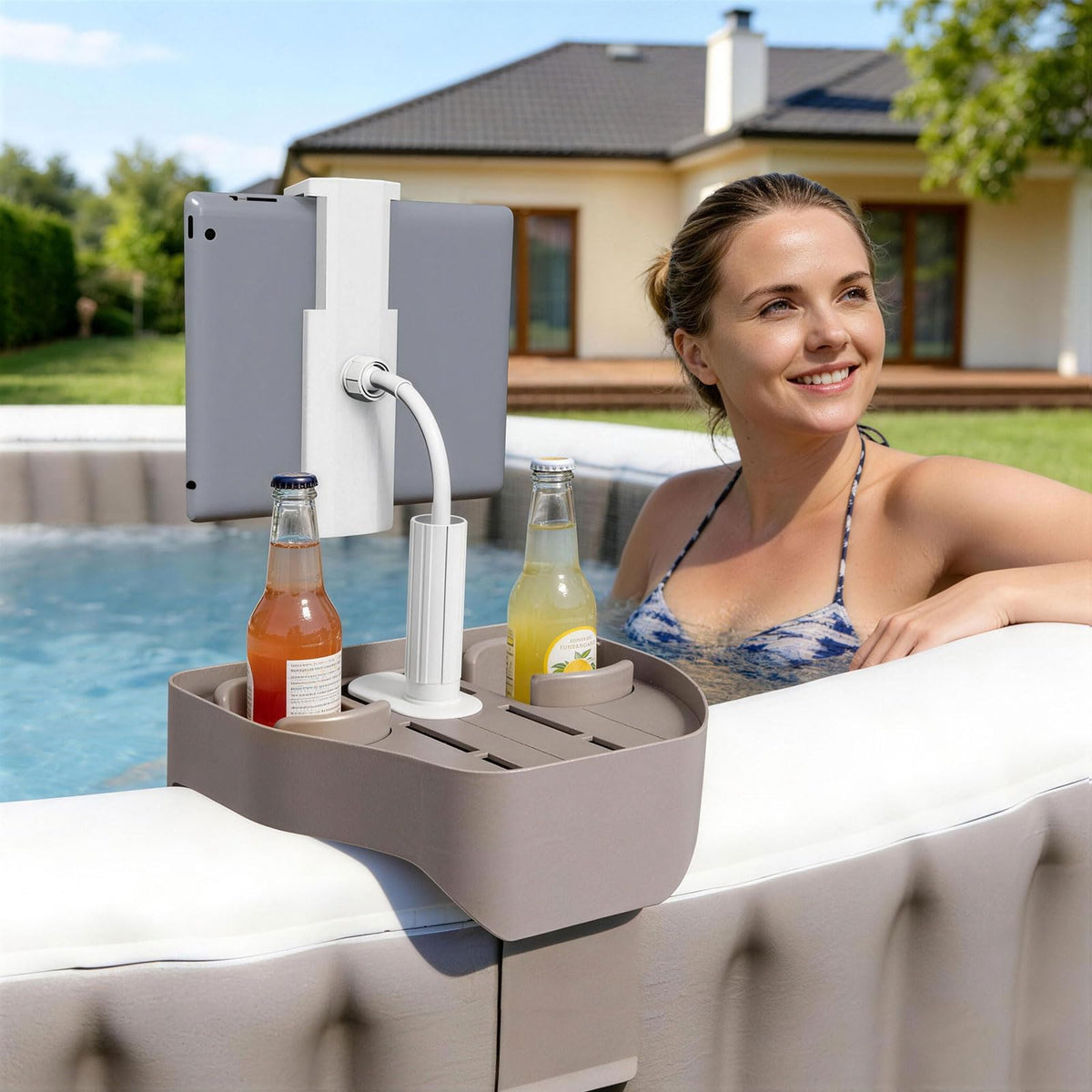 POOLCOMFT front view tray showing compact surface and two cup holders for easy access