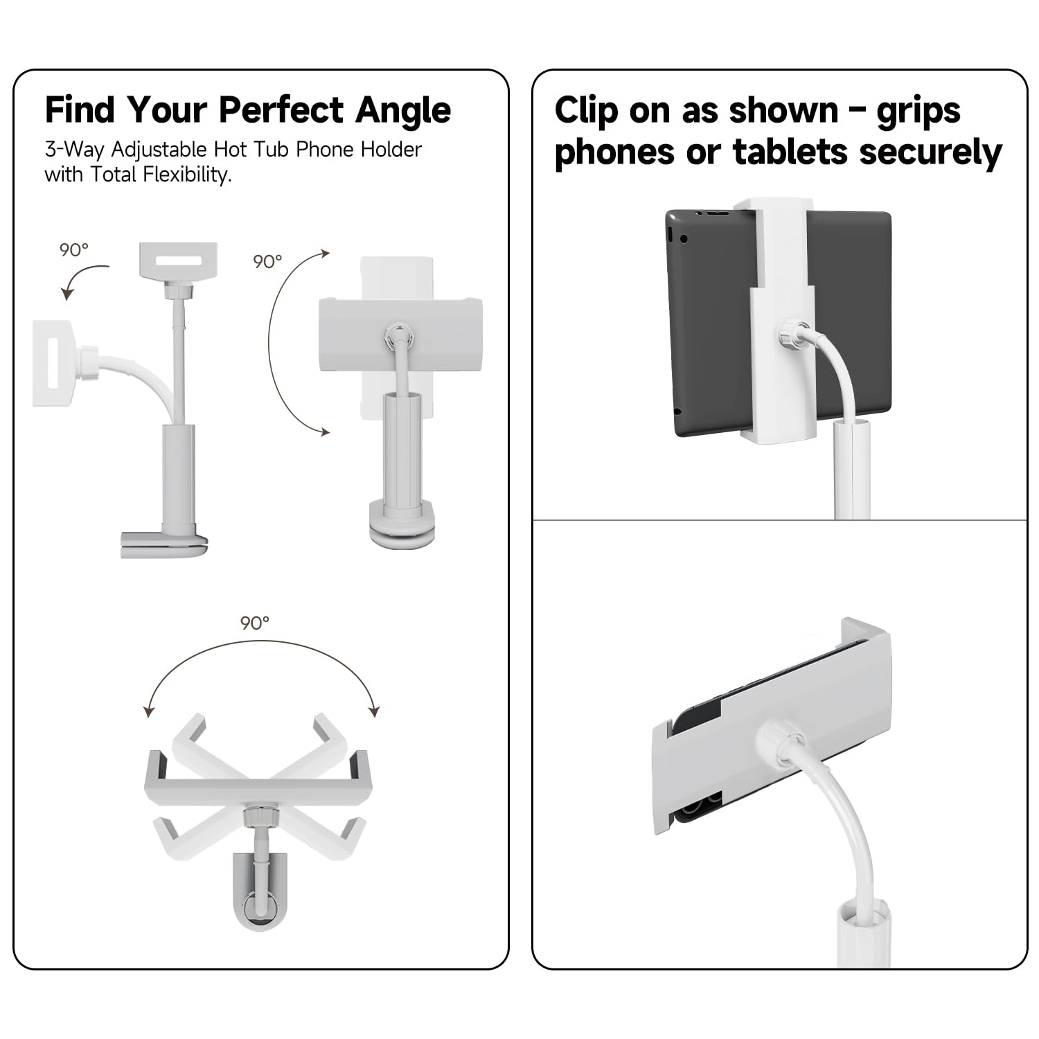 POOLCOMFT tray mounted on hot tub rim with drink and tablet illustrating hands-free comfort