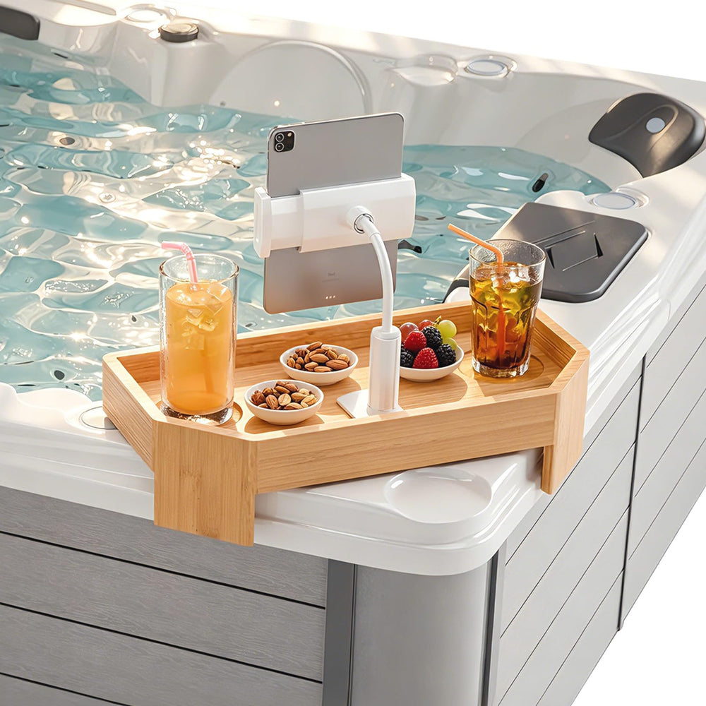 POOLCOMFT tray front view showing organized drinks and snack convenience