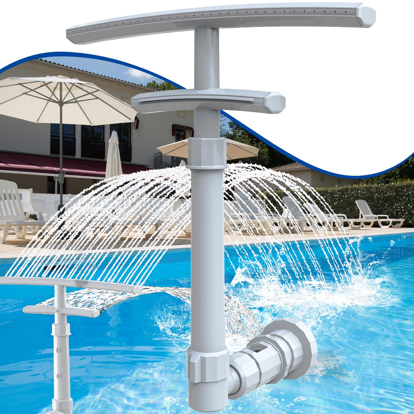 PoolCoolPro front-mounted fountain showing installed return and flowing spray benefit cooling
