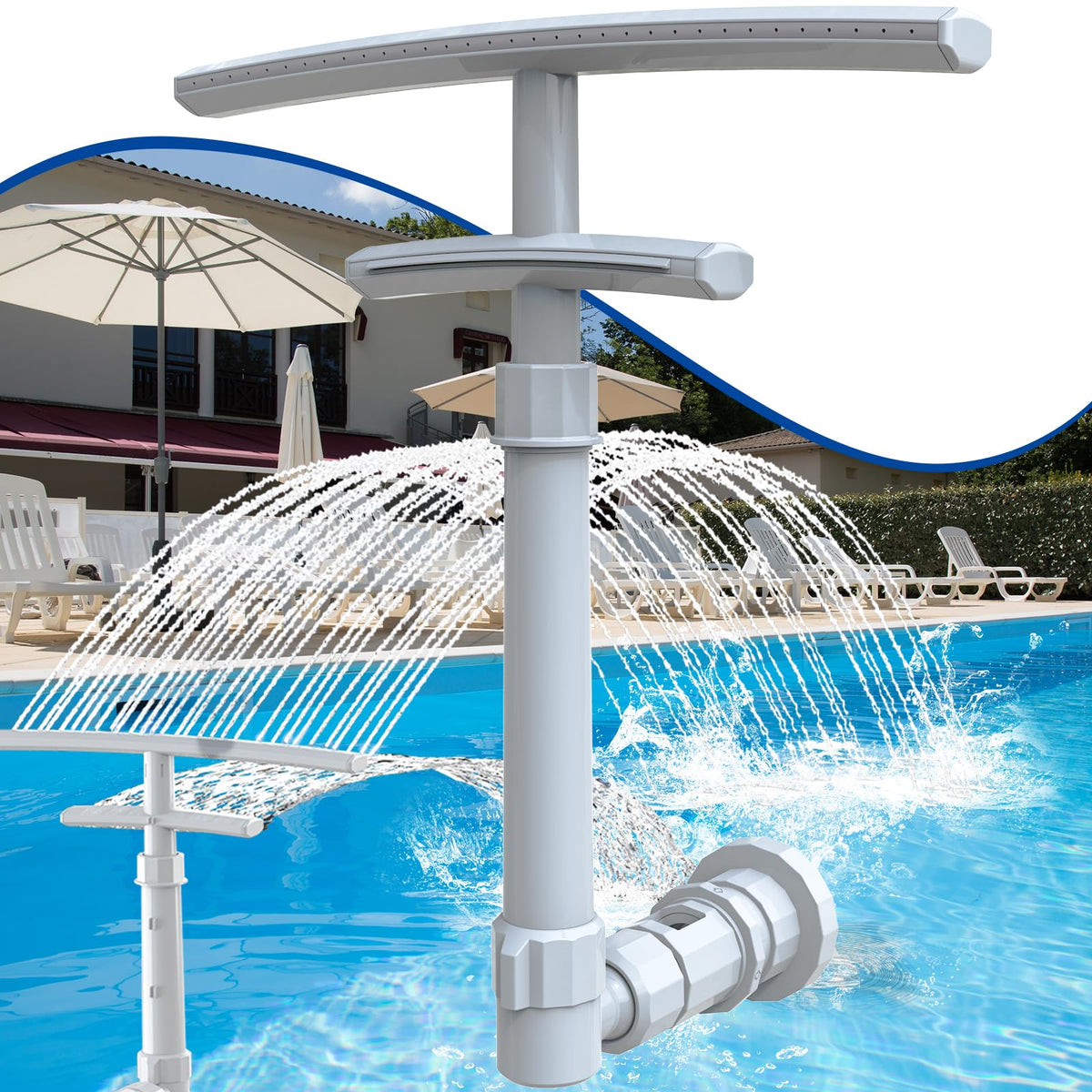 PoolCoolPro front-mounted fountain showing installed return and flowing spray benefit cooling