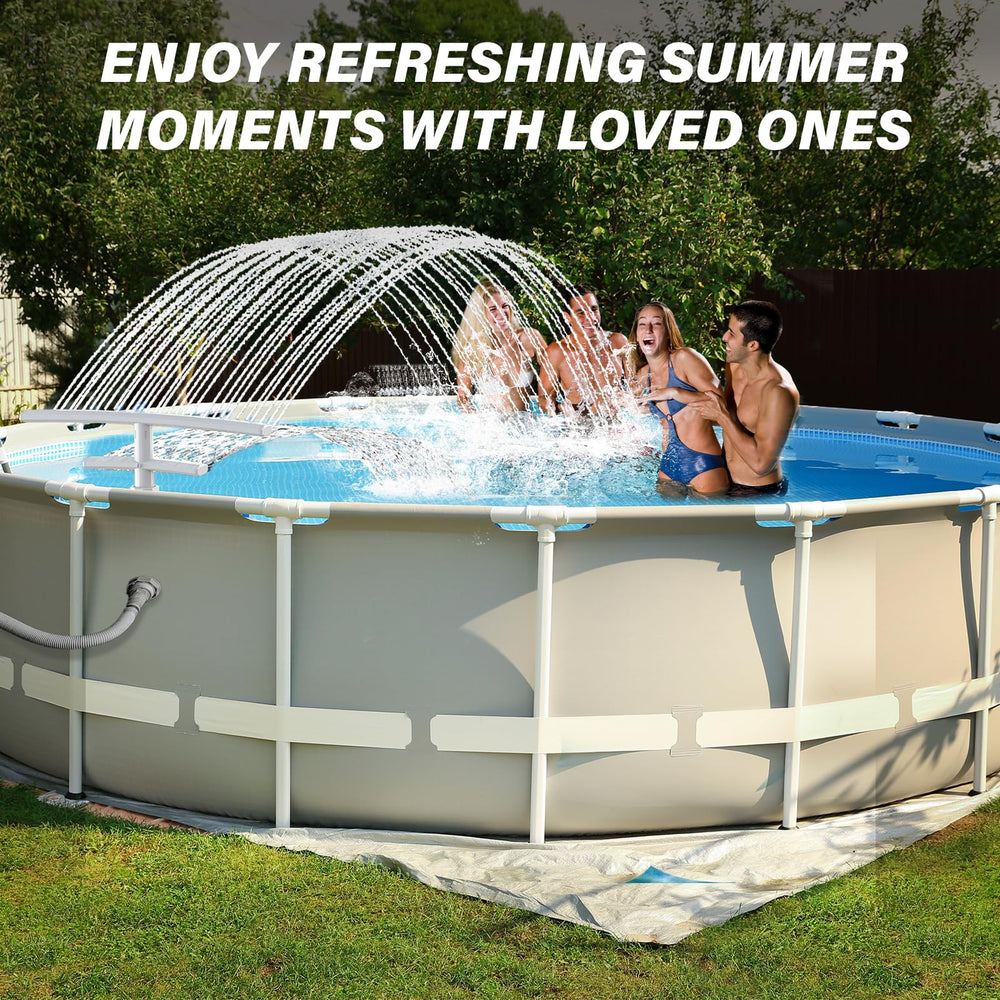 PoolCoolPro fountain in use with kids playing, demonstrating fun and adjustable spray