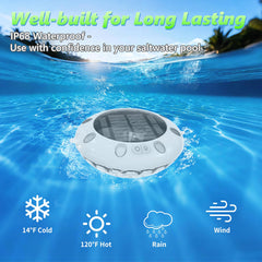 Pooldecor floating lights in pool at dusk creating inviting party atmosphere