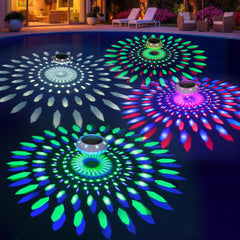 Pooldecor front view of four floating lights showing design and bright colors