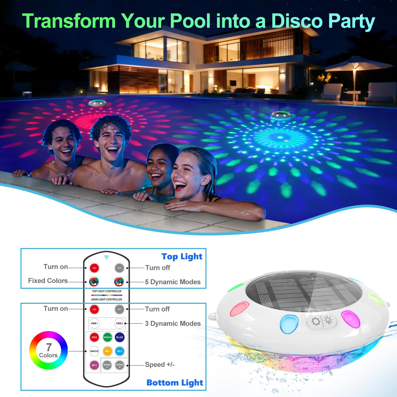 Pooldecor backyard party scene with lights enhancing mood and guest experience
