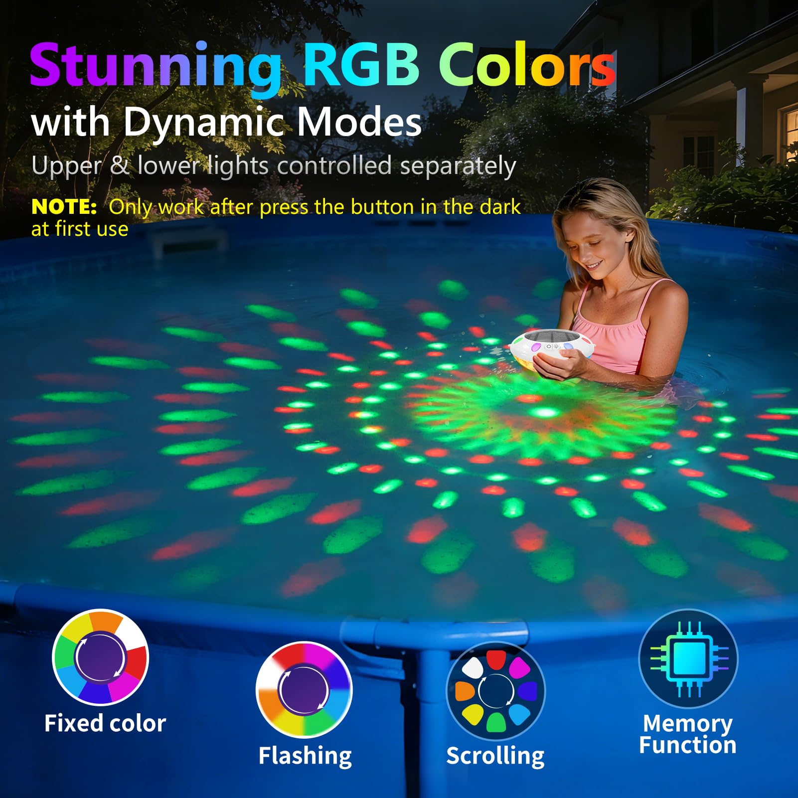 Pooldecor remote control beside lamp illustrating easy mode and speed control