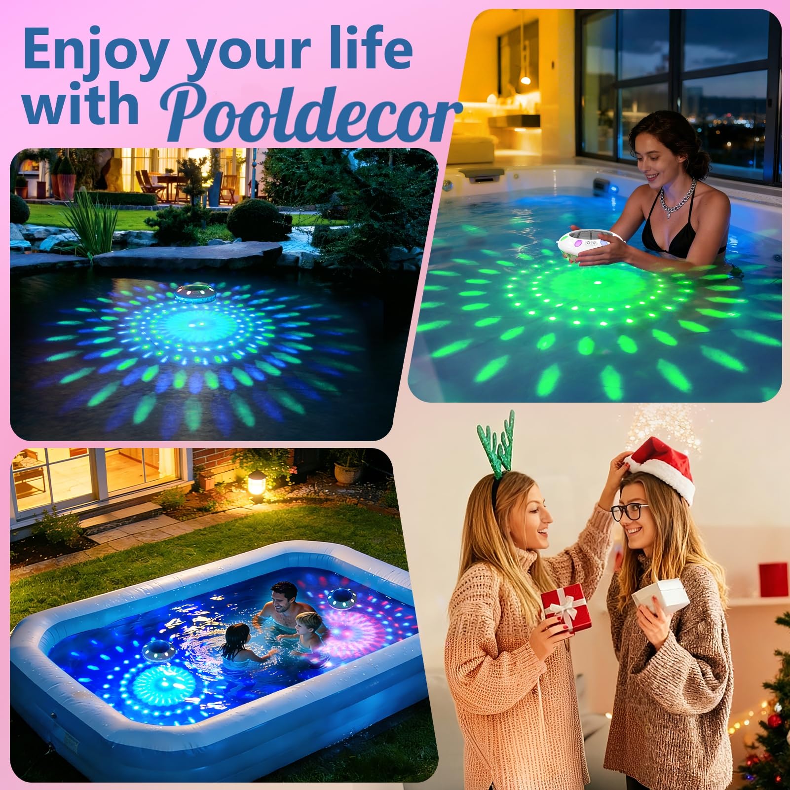 Pooldecor size comparison in hand showing compact 6.5-inch scale and portability