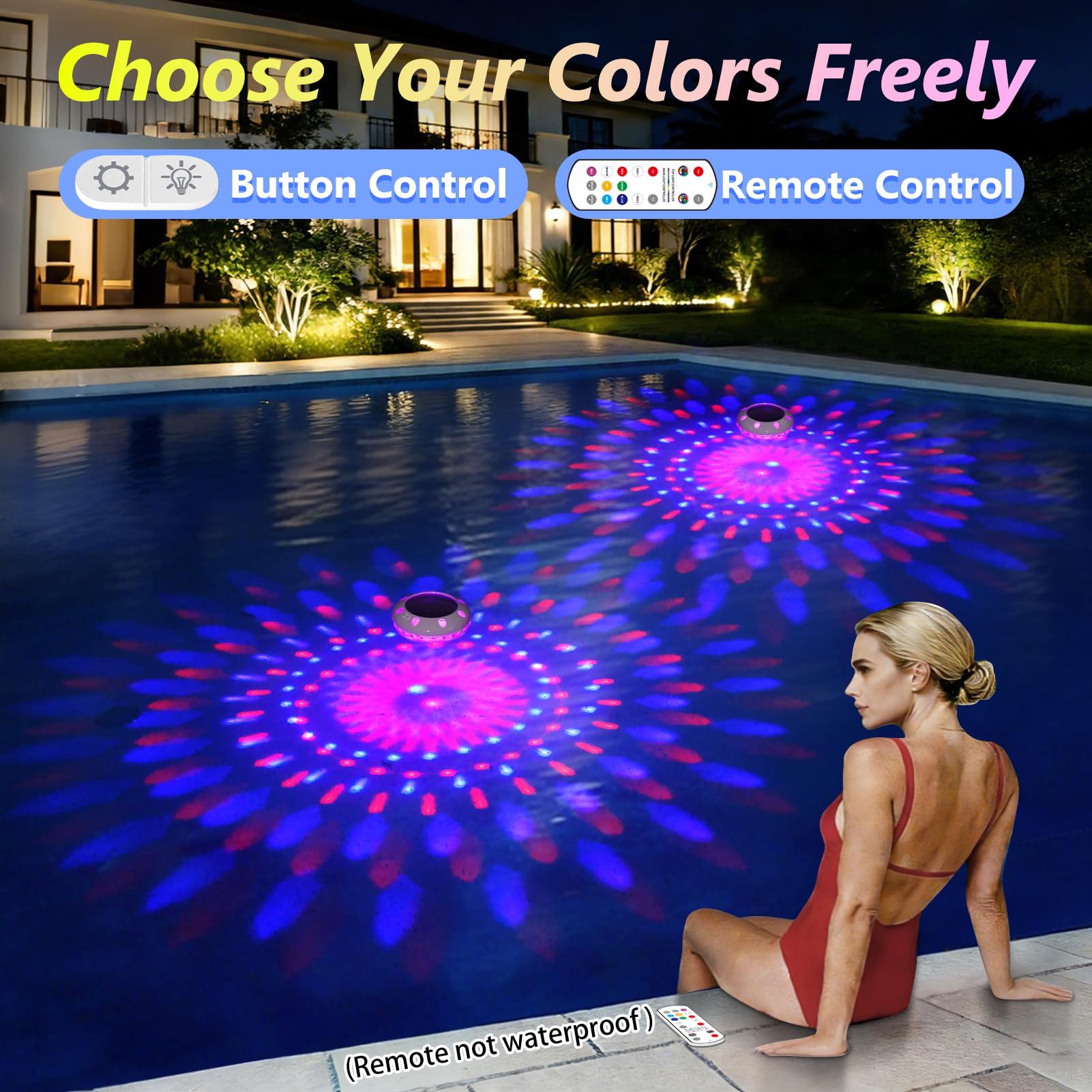 Pooldecor underwater view showing vivid multicolor LEDs and ripple effects