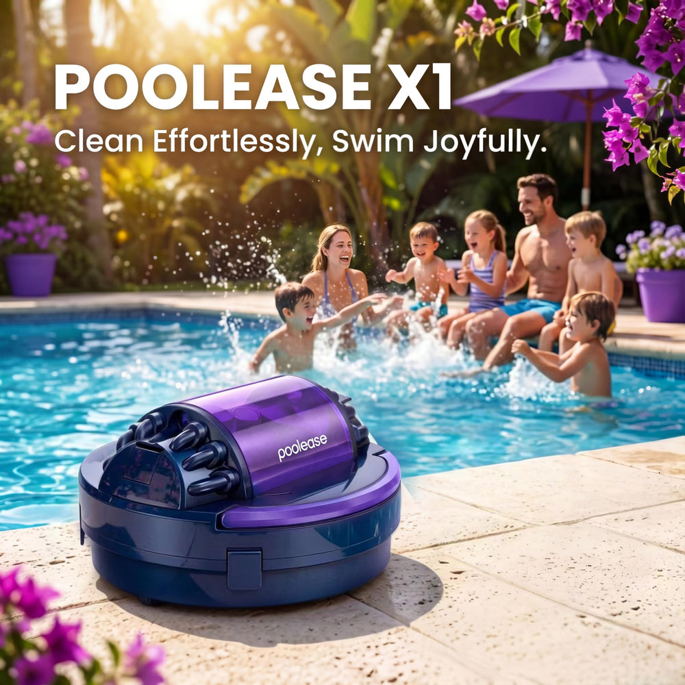 Poolease in backyard pool scene showing clean water result and relaxed pool maintenance