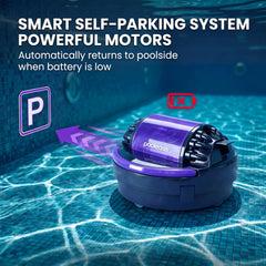 Poolease unit parked at pool edge showing intelligent self-parking for easy retrieval