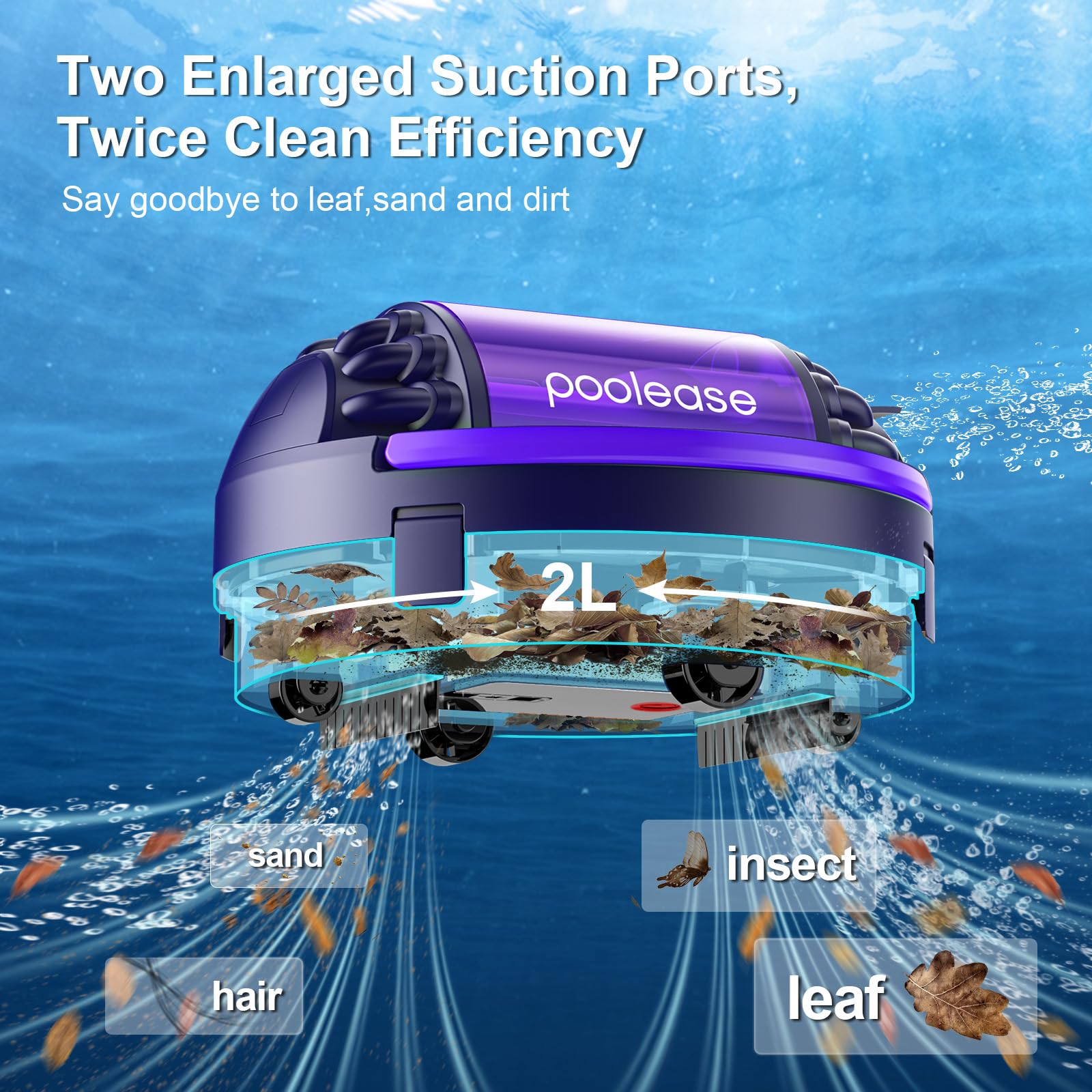 poolease X1 open debris chamber displaying 2L capacity for fewer empties