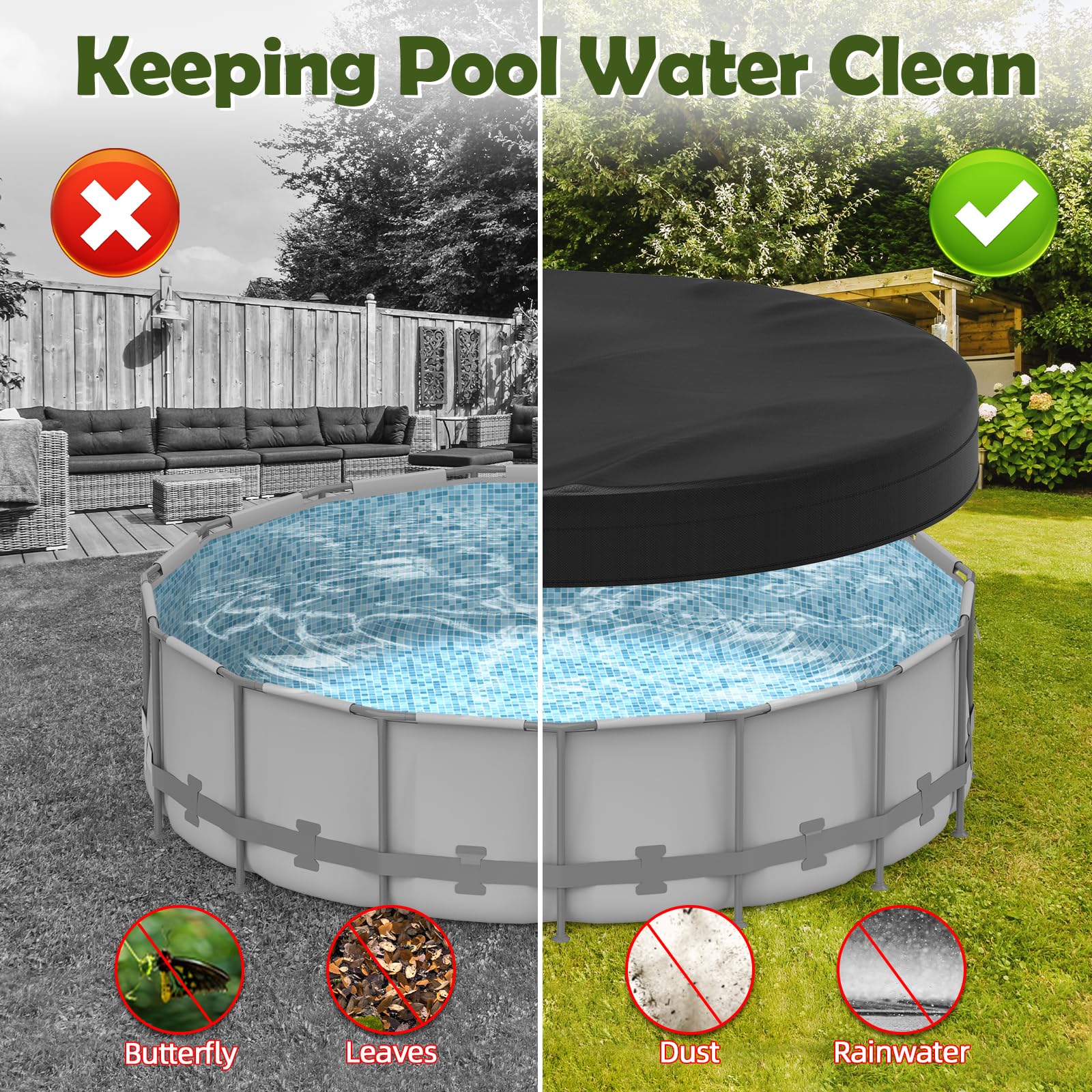 Poolergetic drawstring, pull rings and ground nails securing cover against wind