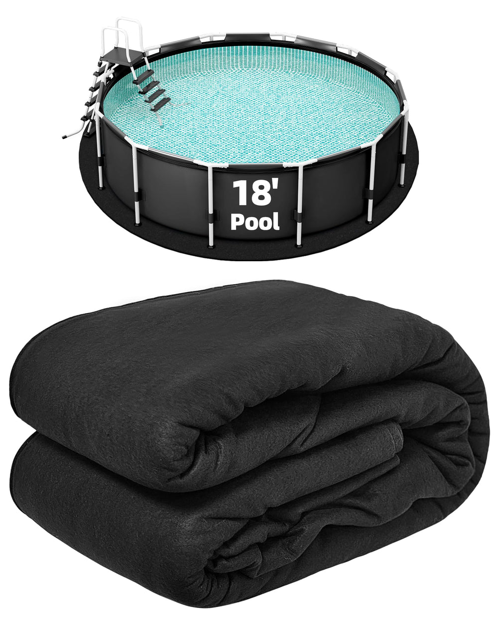 Poolergetic front view of 18-foot round pool liner pad showing compact packaging and protection benefit