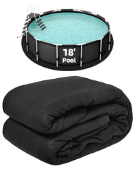 Poolergetic front view of 18-foot round pool liner pad showing compact packaging and protection benefit