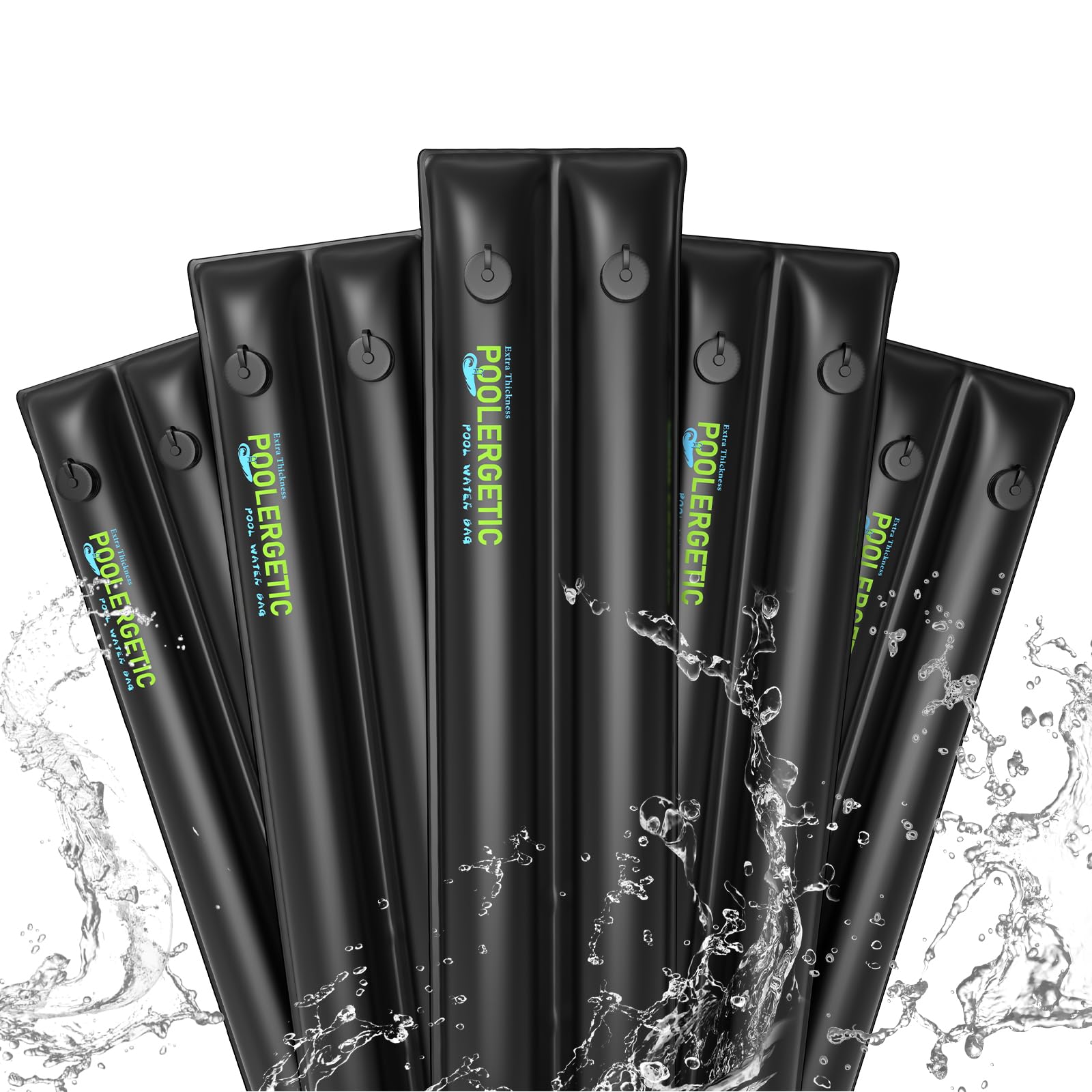 Poolergetic front view of 5-pack 8ft water bags showing full kit and benefit of edge anchoring