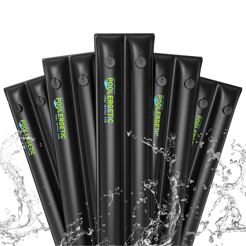 Poolergetic front view of 5-pack 8ft water bags showing full kit and benefit of edge anchoring