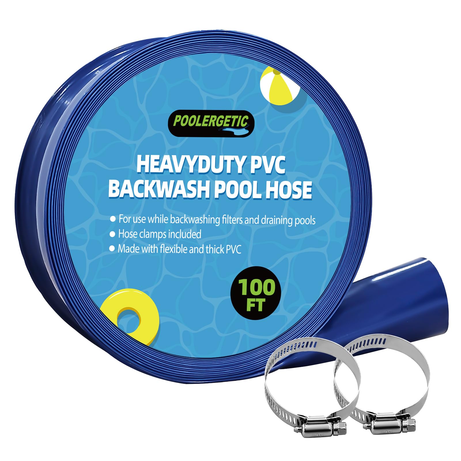 Poolergetic front view of coiled 100ft hose showing connectors and benefits