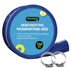 Poolergetic front view of coiled 100ft hose showing connectors and benefits