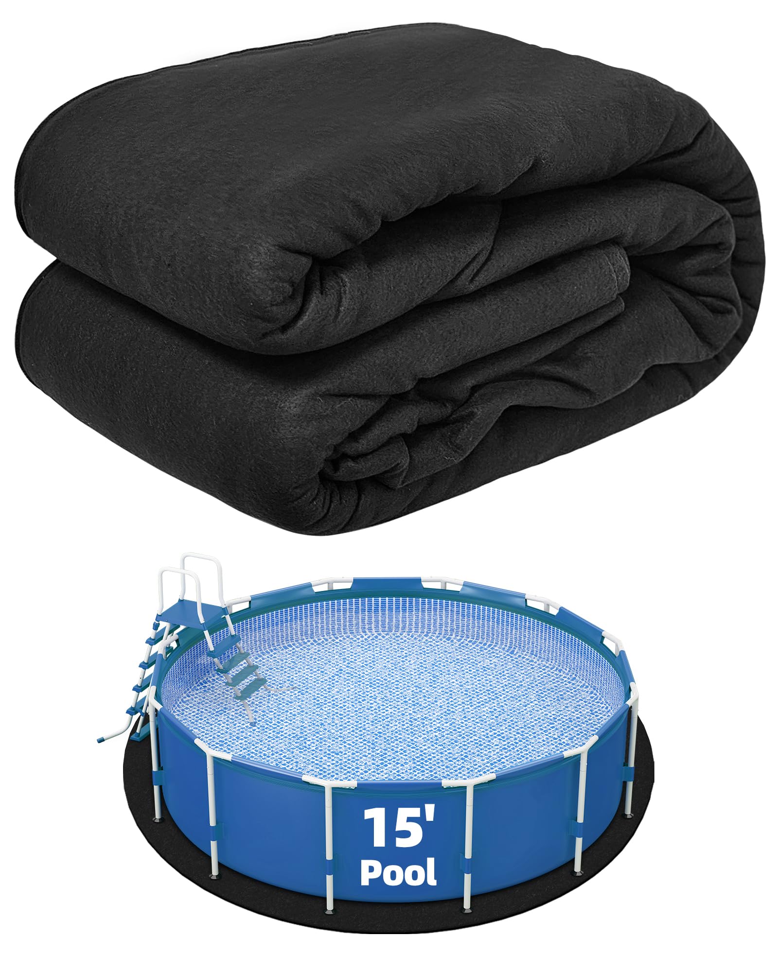 Poolergetic front view of 15-ft round pad showing pre-cut shape and packaging benefit