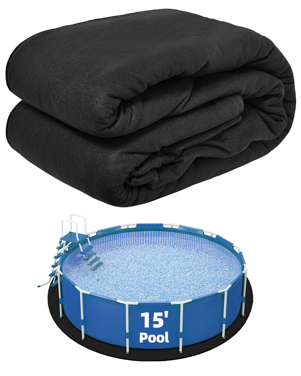 Poolergetic front view of 15-ft round pad showing pre-cut shape and packaging benefit