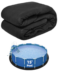 Poolergetic front view of 15-ft round pad showing pre-cut shape and packaging benefit