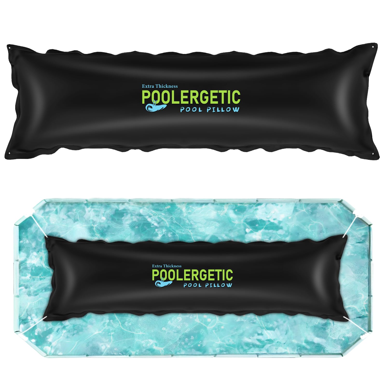 Poolergetic front view of the inflated pillow showing center placement and protection