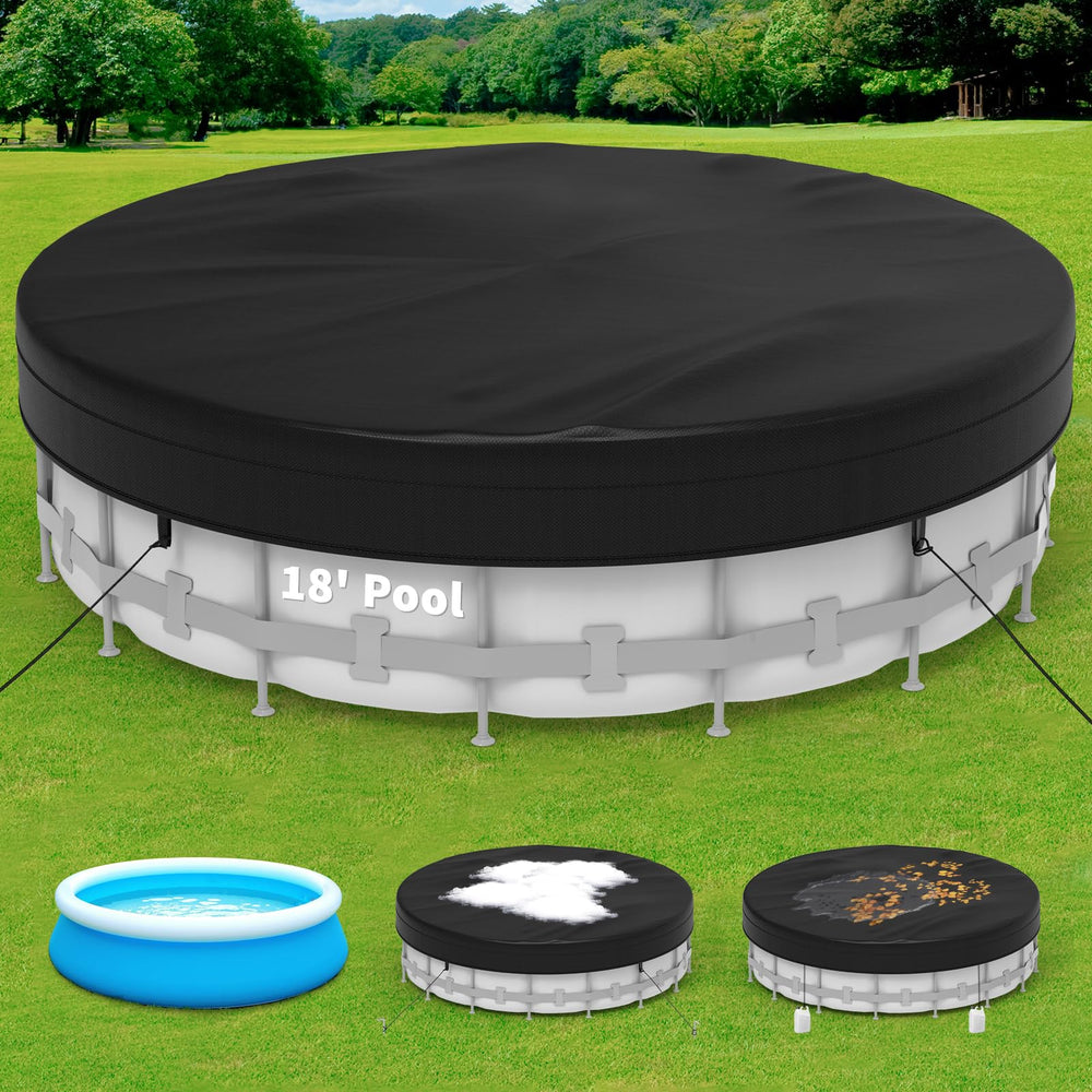 Poolergetic front view of 18FT round cover protecting pool from debris