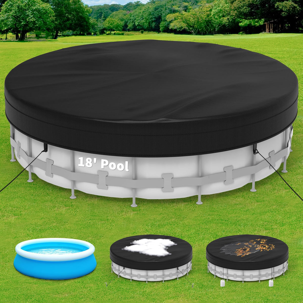 Poolergetic front view of 18FT round cover protecting pool from debris