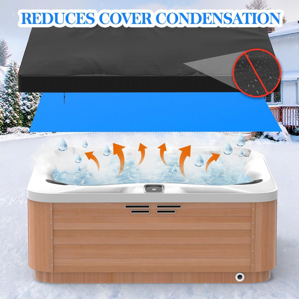 Poolergetic blanket on backyard spa in afternoon sun showing energy savings and comfort